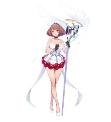 Rule 34 | 1girl, absurdres, anna (illusion connect), breasts, brown hair, cleavage, closed mouth, crossed legs, dress, gorgeous mushroom, halter dress, halterneck, hands up, highres, holding, holding microphone stand, illusion connect, large breasts, microphone, microphone stand, official art, red eyes, shoes, simple background, smile, solo, standing, third-party source, transparent background, watson cross