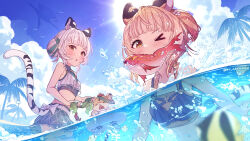 Rule 34 | &gt; o, 2girls, animal ears, bai (granblue fantasy), bare shoulders, bikini, bikini skirt, bird, blonde hair, blush, breasts, clothing cutout, cloud, crab, day, double bun, fangs, fish, granblue fantasy, hair bun, highres, huang (granblue fantasy), innertube, laolao (granblue fantasy), looking at viewer, mouth hold, multiple girls, navel, one eye closed, open mouth, orange eyes, outdoors, palm tree, partially submerged, partially underwater shot, seaweed, short hair, small breasts, sun, swim ring, swimsuit, tail, tail through clothes, tiger ears, tiger girl, tiger tail, tree, twitter username, wading, water, white hair, yellowpaint.