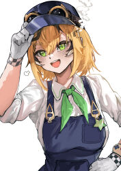 1girl absurdres black_hair blonde_hair blue_hat blue_overalls breasts collared_shirt dooby_(vtuber) gloves goggles goggles_on_headwear green_eyes hair_between_eyes hair_ornament hand_on_headwear hand_on_own_hip hat highres indie_virtual_youtuber large_breasts looking_at_viewer medium_hair multicolored_hair open_mouth overalls puff_of_air shirt short_eyebrows simple_background smile solo star_(symbol) steam streaked_hair teeth thick_eyebrows train_conductor upper_body upper_teeth_only virtual_youtuber vyragami white_background white_gloves white_hair white_shirt