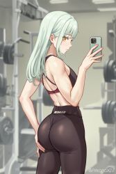 Rule 34 | 1girl, ass, bang dream!, bang dream! it&#039;s mygo!!!!!, bare arms, black leggings, black sports bra, cellphone, chinese commentary, closed mouth, commentary request, cowboy shot, da akana xiv, expressionless, from behind, green hair, gym, highres, holding, holding phone, leggings, long hair, looking at viewer, phone, selfie, smartphone, solo, sports bra, taking picture, twitter username, wakaba mutsumi, yellow eyes