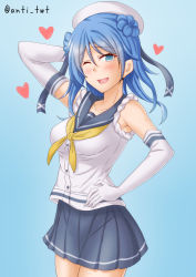 Rule 34 | 1girl, anti (untea9), arm behind head, blue background, blue eyes, blue hair, blue skirt, double bun, elbow gloves, gloves, hair bun, hand on own hip, hat, heart, highres, kantai collection, long hair, looking at viewer, neckerchief, one eye closed, open mouth, pleated skirt, sailor hat, school uniform, serafuku, simple background, skirt, sleeves rolled up, smile, solo, twitter username, urakaze (kancolle), white gloves, white hat, yellow neckerchief