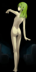 Rule 34 | 1girl, arm up, ass, barefoot, from behind, green eyes, green hair, long hair, looking back, matching hair/eyes, nekoge, nude, original, outstretched arm, skinny, slender, solo, standing