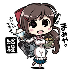 Rule 34 | 10s, 1girl, ahoge, apron, basket, blush, bow, brown hair, chibi, es (eisis), hair bow, hair ornament, hair ribbon, hairclip, kantai collection, kappougi, long hair, looking at viewer, mamiya (kancolle), open mouth, personification, pink eyes, ribbon, simple background, solo, white background