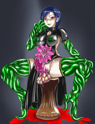Rule 34 | blue hair, bodysuit, breasts, character request, copyright request, damu otoko, futanari, green lips, latex, lipstick, long hair, makeup, monster girl, newhalf, nipples, red eyes, sitting, tentacles, thighhighs
