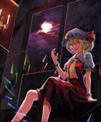 Rule 34 | 1girl, :p, ascot, bad id, bad pixiv id, blonde hair, cloud, embodiment of scarlet devil, female focus, flandre scarlet, full moon, hat, moon, oil painting (medium), painting (medium), red eyes, red sky, short hair, side ponytail, sitting, sky, slit pupils, solo, squinting, tongue, tongue out, touhou, traditional media, window, wings, wrist cuffs, yachimoto