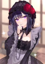 Rule 34 | :o, absurdres, between breasts, blurry, blurry background, bob cut, breasts, chain, chain leash, cleavage cutout, clothing cutout, cosplay, depth of field, detached collar, frilled sleeves, frills, gothic lolita, heiyan shenshi, highres, kitagawa marin, kuroe shizuku, kuroe shizuku (cosplay), leash, lolita fashion, looking at viewer, nail polish, necktie, necktie between breasts, purple eyes, purple hair, solo, sono bisque doll wa koi wo suru, sparkle, upper body, wide sleeves