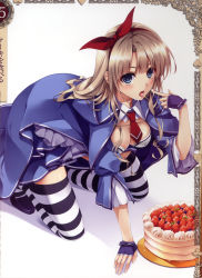 Rule 34 | 1girl, alicia (queen&#039;s blade), all fours, blue eyes, blush, breasts, brown hair, cake, cape, cleavage, fingerless gloves, food, food on face, frills, fruit, gloves, hair ribbon, high heels, highres, hobby japan, legs, long hair, looking at viewer, misaki kurehito, necktie, official art, open mouth, pastry, queen&#039;s blade, queen&#039;s blade grimoire, queen&#039;s blade lost worlds, ribbon, scan, sexually suggestive, shoes, solo, strawberry, striped clothes, striped thighhighs, suggestive fluid, thighhighs, tongue, tongue out