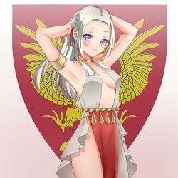 Rule 34 | 1girl, alternate costume, ancient greek clothes, armpits, arms up, breasts, dancer, dancer (fire emblem: three houses), dress, edelgard von hresvelg, fire emblem, fire emblem: three houses, greco-roman clothes, highres, looking at viewer, maichiu, medium breasts, nintendo, non-web source, open clothes, pelvic curtain, purple eyes, red ribbon, ribbon, self-upload, sideboob, sleeveless, solo, white dress, white hair