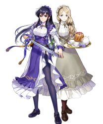 Rule 34 | 2girls, apron, asatani tomoyo, ayra (fire emblem), belt, belt pouch, black hair, blonde hair, bottle, breasts, bucket, cake, closed mouth, cup, dress, earrings, fingernails, fire emblem, fire emblem: genealogy of the holy war, fire emblem: three houses, fire emblem heroes, flower, food, frills, full body, glass bottle, highres, holding, holding tray, holding weapon, jewelry, long skirt, long sleeves, looking at viewer, maid, maid headdress, medium breasts, mercedes von martritz, multiple girls, nintendo, non-web source, official art, pantyhose, pouch, puffy sleeves, purple eyes, serious, shoes, side slit, skirt, smile, standing, teacup, teapot, transparent background, tray, weapon, wrist cuffs