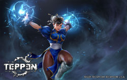 Rule 34 | 1girl, black hair, bracelet, bun cover, capcom, chinese clothes, chun-li, copyright name, copyright notice, dark background, fighting stance, glowing, highres, jeremy chong, jewelry, official art, open mouth, pantyhose, solo, spiked bracelet, spikes, street fighter, teppen