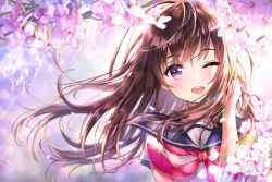 Rule 34 | 1girl, ;d, bad id, bad pixiv id, black sailor collar, blush, branch, brown hair, cherry blossoms, dana (hapong07), floating hair, flower, hand up, highres, long hair, looking at viewer, neckerchief, one eye closed, open mouth, original, petals, pink flower, purple eyes, red neckerchief, sailor collar, school uniform, serafuku, shirt, short sleeves, sidelocks, smile, solo, upper body, white shirt