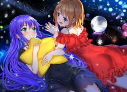 Rule 34 | 2girls, :d, aries (constellation), ass, bare shoulders, black dress, blush, brown hair, closed mouth, commentary request, constellation, dress, eye contact, frilled dress, frills, gemini (constellation), green eyes, hair between eyes, hair ornament, highres, hugging object, koisuru asteroid, konohata mira, long hair, looking at another, lying, manaka ao, multiple girls, off-shoulder dress, off shoulder, on back, on stomach, open mouth, own hands together, palms together, pillow, pillow hug, planet, purple eyes, purple hair, red dress, short hair, short sleeves, smile, star (sky), star (symbol), star hair ornament, star-shaped pillow, swordsouls, very long hair
