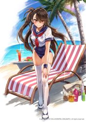 Rule 34 | 1girl, ahoge, alternate costume, bag, beach, black hair, blue one-piece swimsuit, blush, bottle, breasts, chair, cleavage, collarbone, cup, day, food, grin, hair between eyes, hand on own hip, hand on own knee, leaning forward, lily bloomerchen, long hair, looking at viewer, lotion, lounge chair, medium breasts, neckerchief, old school swimsuit, one-piece swimsuit, outdoors, palm tree, popsicle, rainmaker, red eyes, red neckerchief, sailor collar, school swimsuit, school uniform, see-through, serafuku, shoes, side ponytail, sidelocks, skindentation, smile, solo, soulworker, standing, sunlight, swimsuit, swimsuit under clothes, thighhighs, tree, very long hair, watermark, watermelon bar, white footwear, white thighhighs, wristband