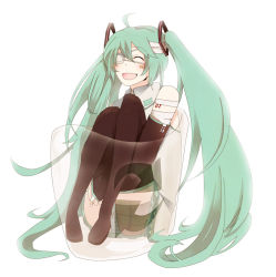 Rule 34 | 1girl, ahoge, aqua hair, bad id, bad pixiv id, bandages, bandaid, commentary, detached sleeves, eyepatch, female focus, full body, hatsune miku, hugging own legs, long hair, necktie, panties, recycle bin, shima shimako, sitting, skirt, smile, solo, striped clothes, striped panties, thighhighs, trash can, twintails, underwear, very long hair, vocaloid, white background
