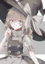 Rule 34 | 1girl, apron, arm at side, black hat, black skirt, black vest, blonde hair, bow, braid, buttons, commentary, hair bow, hand up, hat, hat bow, highres, kirisame marisa, long hair, looking at viewer, one-hour drawing challenge, parted lips, puffy short sleeves, puffy sleeves, shirt, short sleeves, simple background, single braid, skirt, skirt set, solo, touhou, upper body, vest, waist apron, waist bow, white apron, white bow, white shirt, witch hat, yellow eyes, zabu rou