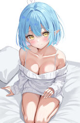 Rule 34 | 1girl, absurdres, ahoge, bare shoulders, bed sheet, blue hair, blush, bra strap, breasts, closed mouth, collarbone, dress, elf, heart, heart ahoge, highres, hololive, large breasts, long sleeves, looking at viewer, off-shoulder dress, off-shoulder sweater, off shoulder, on bed, oniku (o29sukizero), pillow, pointy ears, short hair, simple background, smile, solo, sweater, sweater dress, virtual youtuber, white background, white dress, white sweater, yellow eyes, yukihana lamy