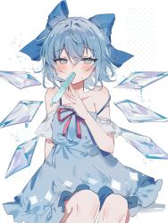 Rule 34 | 1girl, bare shoulders, blue bow, blue dress, blue eyes, blue hair, blush, bow, cirno, detached wings, dress, fairy, fairy wings, food, food in mouth, hair between eyes, hair bow, highres, ice, ice wings, knees, looking at viewer, popsicle, popsicle in mouth, red ribbon, ribbon, short hair, simple background, sitting, solo, sorani (kaeru0768), touhou, white background, wings