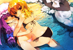 Rule 34 | 2girls, ass, assisted exposure, bikini, blonde hair, blush, breasts, brown eyes, butt crack, chinchickrin, female focus, flat chest, holding hands, hat, kirisame marisa, long hair, mouth hold, multiple girls, patchouli knowledge, purple eyes, purple hair, short hair, side-tie bikini bottom, swimsuit, touhou, untying, water, witch hat, yellow eyes, yuri