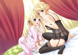 Rule 34 | 2girls, :d, age difference, all fours, arm support, ass, back, bare shoulders, bed, black garter belt, black legwear, black panties, blonde hair, blush, breasts, camisole, child, curtains, dutch angle, flat chest, frills, from side, garter belt, garter straps, hair bun, hair ribbon, half updo, hand on own chest, indoors, komori kei, lace, lace-trimmed legwear, lace trim, large breasts, light smile, lingerie, long hair, long sleeves, looking at viewer, looking back, lowres, maria van hossen, multiple girls, official art, open mouth, pajamas, panties, pillow, polka dot, princess lover, purple eyes, ribbon, see-through, short hair, siblings, sidelocks, silvia van hossen, single hair bun, sisters, sitting, smile, sunlight, thighhighs, underwear, underwear only, very long hair