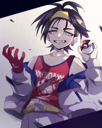 Rule 34 | 1boy, ahoge, angry, angry smile, asymmetrical gloves, belt, black hair, collarbone, creatures (company), earrings, fang, game freak, gloves, hair between eyes, hairband, holding, holding poke ball, jacket, jewelry, kieran (pokemon), long sleeves, male focus, midriff, midriff peek, mismatched earrings, mole, mole on neck, multicolored hair, navel, nintendo, off-shoulder jacket, off shoulder, poke ball, pokemon, pokemon sv, purple hair, red gloves, red shirt, red tank top, shirt, shorts, slit pupils, tank top, teeth, ttnoooo, upper body, white shorts, yellow belt, yellow eyes, yellow hairband