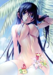 Rule 34 | 1girl, absurdres, adjusting hair, andromeda heliotrope, axl (company), bikini, bikini top only, black hair, bottomless, breasts, censored, cleavage, convenient censoring, flower, front-tie top, highres, hyakka ryouran elixir, long hair, mouth hold, mouth pull, navel, purple eyes, senomoto hisashi, swimsuit, thighhighs, underboob, white bikini, white thighhighs