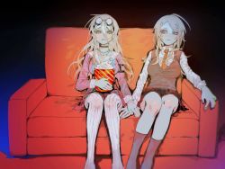 Rule 34 | 2girls, akamatsu kaede, alternate color, barbed wire, black choker, breasts, brown skirt, brown vest, choker, closed mouth, collarbone, collared shirt, couch, danganronpa (series), danganronpa v3: killing harmony, food, fortissimo, goggles, goggles on head, grey thighhighs, hair between eyes, hair ornament, holding, holding hands, iruma miu, large breasts, long hair, long sleeves, mitsuru (mitiru103), multicolored background, multiple girls, musical note, musical note hair ornament, necktie, orange necktie, pink shirt, pink socks, pleated skirt, popcorn, shirt, sitting, skirt, socks, striped clothes, striped thighhighs, thighhighs, vest