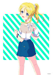 Rule 34 | 1girl, absurdres, artist name, artist request, ayase eli, bare legs, blonde hair, blue eyes, blue pants, blue shorts, blush, bracelet, breasts, clenched hands, female focus, floating hair, from behind, grey shirt, hair between eyes, hair ornament, hair scrunchie, high ponytail, highres, jewelry, long hair, looking at viewer, looking back, love live!, love live! school idol festival, love live! school idol project, medium breasts, neck ribbon, pants, parted lips, pearl bracelet, ponytail, ribbon, scrunchie, shirt, short sleeves, shorts, sideboob, smile, solo, striped, striped background, white background, white scrunchie, white shirt, worried