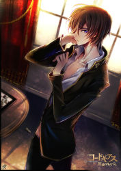 Rule 34 | 1boy, black jacket, black pants, blue eyes, brown hair, code geass, collarbone, copyright name, dutch angle, hand in own hair, indoors, jacket, lelouch vi britannia, looking at viewer, male focus, open clothes, open shirt, pants, shirt, short hair, signature, solo, standing, tsuki usagi, white shirt