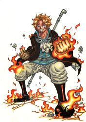 Rule 34 | 1boy, belt, blonde hair, clenched hand, ascot, dressrosa, fighting stance, fire, goggles, goggles around neck, highres, hiroto, magic, male focus, one piece, pole, sabo (one piece), solo, standing, weapon