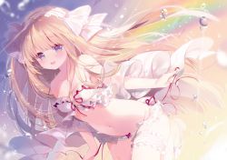 Rule 34 | 1girl, :d, ame usari, arched back, bare shoulders, blonde hair, bow, bow panties, breasts, bridal garter, commentary request, copyright request, frilled hairband, frills, hair bow, hairband, highres, long hair, medium breasts, navel, open mouth, panties, purple eyes, rainbow, red ribbon, ribbon, round teeth, side-tie panties, smile, solo, sparkle, striped, striped bow, teeth, underwear, upper teeth only, very long hair, water drop, white bow, white panties