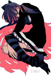 Rule 34 | 10s, 1girl, black dress, blue eyes, blue hair, blue nails, colored inner hair, dress, fetal position, full body, half-closed eyes, hands on own knees, highres, lolita fashion, long hair, matching hair/eyes, multicolored hair, nail polish, panty &amp; stocking with garterbelt, pink hair, plantar flexion, samei ikusa, simple background, solo, stocking (psg), striped clothes, striped thighhighs, thighhighs, two-tone hair, undressing, very long hair, white background