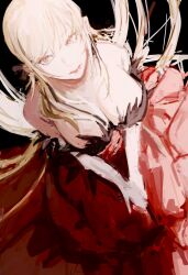 1girl bakemonogatari bare_shoulders black_background blonde_hair breasts cleavage collarbone dress elbow_gloves feather-trimmed_dress feather-trimmed_gloves feather_trim gloves hair_ribbon highres kiss-shot_acerola-orion_heart-under-blade kizumonogatari large_breasts long_hair looking_at_viewer monogatari_(series) oshino_shinobu pointy_ears red_dress ribbon simple_background solo strapless taki_(a313131333) vampire very_long_hair white_gloves yellow_eyes