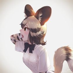 Rule 34 | 10s, 1girl, african wild dog (kemono friends), african wild dog print, animal ear fluff, animal ears, arm behind head, blonde hair, bow, bowtie, brown eyes, brown hair, collared shirt, commentary request, dog ears, dog tail, grey hair, highres, kemono friends, long sleeves, multicolored hair, open mouth, profile, shirt, short hair, short sleeves, solo, tail, takami masahiro, upper body