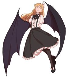 Rule 34 | 1girl, arms behind back, bat wings, black skirt, blonde hair, blouse, bow, commentary, frills, hair bow, highres, juliet sleeves, kurumi (touhou), long hair, long sleeves, looking at viewer, mefomefo, pantyhose, puffy sleeves, shirt, shoes, simple background, skirt, smile, solo, suspenders, touhou, touhou (pc-98), white background, wings, yellow eyes
