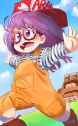 Rule 34 | 1girl, :d, absurdres, baseball cap, blue sky, boots, brown footwear, day, dr. slump, glasses, halftone, hat, highres, norimaki arale, open mouth, outdoors, outstretched arms, purple-framed eyewear, purple eyes, purple hair, red hat, running, ryusei hashida, shirt, sky, smile, solo, spread arms, striped clothes, striped shirt, yellow overalls