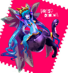Rule 34 | 1girl, armor, blue hair, dark skin, fins, frost demon (p&amp;d), head fins, horns, monster girl, puzzle &amp; dragons, red eyes, tail, wings