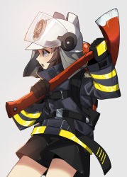 Rule 34 | 1girl, absurdres, animal helmet, arknights, axe, black gloves, black jacket, black shorts, brown eyes, brown hair, cowboy shot, fire axe, firefighter jacket, gloves, gomulgong, grey background, highres, holding, holding axe, jacket, long sleeves, looking to the side, no tail, open mouth, shaw (arknights), shorts, sideways mouth, simple background, solo, teeth, upper teeth only, white headwear