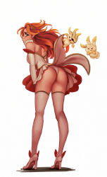 Rule 34 | 1girl, ass, bare shoulders, blue eyes, breasts, elbow gloves, gloves, hair ornament, hairclip, high heels, highres, long hair, looking at viewer, looking back, miss fortune (league of legends), parted lips, raichiyo33, red hair, simple background, skirt, thighhighs, thighs, white background, white footwear, white gloves, white thighhighs