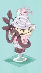 Rule 34 | 184nx, alternate color, crown, double (skullgirls), extra eyes, extra mouth, food, glass, green background, highres, ice cream, monster, monster girl, one-eyed, parfait, red eyes, skullgirls, tentacles