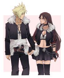 Rule 34 | 1boy, 1girl, alternate costume, belt, belt buckle, black choker, black footwear, black gloves, black hair, black jacket, black pants, black skirt, blonde hair, blue eyes, boots, border, breasts, brown belt, brown hair, buckle, choker, cleavage, closed mouth, cloud strife, collarbone, commentary, commission, cosplay, couple, cowboy shot, crop top, cropped jacket, english commentary, final fantasy, final fantasy vii, final fantasy viii, fingerless gloves, fur-trimmed jacket, fur trim, gloves, height difference, highres, holding hands, jacket, jewelry, long hair, long sleeves, looking at another, low-tied long hair, medium breasts, midriff, multiple belts, navel, necklace, outside border, pants, pleated skirt, pudelmudel, red eyes, shirt, short hair, short sleeves, skirt, spiked hair, squall leonhart, squall leonhart (cosplay), tank top, teardrop earring, thigh boots, thighhighs, tifa lockhart, white border, white shirt, white tank top, zettai ryouiki