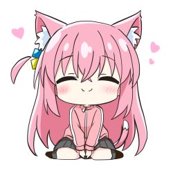 Rule 34 | 1girl, animal ears, blush, bocchi the rock!, cat ears, cat girl, cat tail, chibi, closed eyes, closed mouth, facing viewer, gotoh hitori, heart, highres, jacket, long hair, pink hair, pink jacket, sitting, skirt, smile, solo, tail, white background