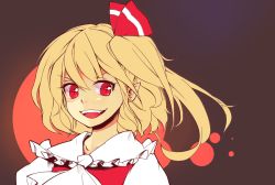 Rule 34 | &gt;:d, 1girl, :d, blonde hair, female focus, flandre scarlet, no headwear, open mouth, peninsula (disappearedstump), pointy ears, portrait, red eyes, short hair, side ponytail, slit pupils, smile, solo, touhou, v-shaped eyebrows