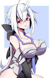 Rule 34 | 1girl, ahoge, black bow, blush, bottomless, bow, breasts, cleavage, commentary request, detached sleeves, hair between eyes, hair bow, highres, jin (mugenjin), large breasts, long hair, looking at viewer, loose clothes, loose necktie, loose shirt, necktie, off-shoulder shirt, off shoulder, ponytail, purple necktie, red eyes, shirt, silver hair, simple background, solo, vocaloid, yowane haku