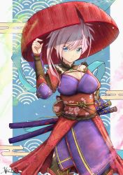 Rule 34 | 1girl, absurdres, asymmetrical hair, autumn leaves, black legwear, blue eyes, blue kimono, breasts, cleavage, commentary, commentary request, detached sleeves, dual wielding, earrings, fate/grand order, fate (series), hat, highres, holding, japanese clothes, jewelry, katana, kimono, large breasts, leaf print, looking at viewer, magatama, maple leaf print, miyamoto musashi (fate), miyamoto musashi (second ascension) (fate), nuts (hazel-nuts), obi, pink hair, sash, short kimono, sleeveless, sleeveless kimono, solo, sword, unsheathed, weapon, wide sleeves