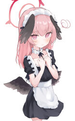 Rule 34 | 1girl, apron, black dress, black wings, blue archive, blush, collarbone, dress, feathered wings, halo, head wings, highres, koharu (blue archive), long hair, looking at viewer, maid apron, maid headdress, noko (nco029685627), open mouth, pink eyes, pink hair, red halo, short sleeves, simple background, solo, white apron, white background, wings