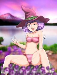 Rule 34 | 1girl, bare shoulders, black clover, breasts, crishdemons, dorothy unsworth, flower, hat, highres, one eye closed, open mouth, peace symbol, pruple eyes, purple hair, short hair, small breasts, smile, swimsuit, tagme, witch, witch hat