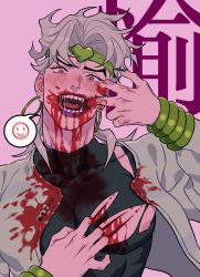 Rule 34 | 1boy, alternate color, black leotard, black nails, bleeding, blonde hair, blood, blood on clothes, blood on face, blood on hands, blush, bracelet, dio brando, earrings, fangs, finger in own mouth, fingernails, headband, heart, highres, honlo, hoop earrings, injury, jacket, jewelry, jojo no kimyou na bouken, leotard, long hair, long sleeves, looking at viewer, male focus, mouth pull, nail polish, nipples, open mouth, pectorals, pink background, red eyes, scratches, sharp fingernails, solo, stardust crusaders, teeth, tongue, torn clothes, vampire