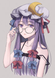 Rule 34 | 13 (spice!!), 1girl, adjusting eyewear, bare arms, blue bow, blue ribbon, bow, breasts, camisole, closed mouth, collarbone, crescent, crescent hair ornament, double bun, dress, expressionless, glasses, grey background, hair bow, hair bun, hair ornament, hand on eyewear, hat, hat ribbon, highres, lace, lips, long hair, looking at viewer, mob cap, nail polish, off shoulder, patchouli knowledge, purple eyes, purple hair, purple nails, red bow, red ribbon, ribbon, sidelocks, small breasts, solo, spaghetti strap, striped clothes, striped dress, touhou, upper body, vertical stripes