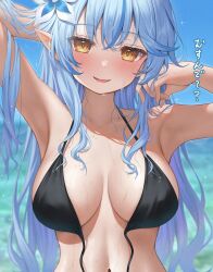 Rule 34 | 1girl, absurdres, alternate costume, armpits, arms up, bikini, black bikini, blue hair, blue sky, blurry, blurry background, breasts, commentary request, day, ebihurai, elf, flower, hair flower, hair ornament, highres, hololive, large breasts, looking at viewer, navel, open mouth, pointy ears, sky, smile, solo, swimsuit, translation request, untied bikini top, upper body, virtual youtuber, yellow eyes, yukihana lamy