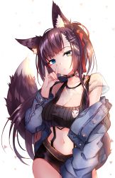Rule 34 | 1girl, animal ear fluff, animal ears, black shorts, blue eyes, blue jacket, blush, breasts, brown hair, cleavage, collarbone, commentary request, crop top, denim, denim jacket, fingernails, fox ears, fox girl, fox shadow puppet, fox tail, green eyes, hair ornament, hair ribbon, hairclip, hand up, head tilt, heterochromia, highres, jacket, long hair, long sleeves, medium breasts, midriff, nail polish, navel, off shoulder, open clothes, open jacket, original, parted lips, red nails, red ribbon, ribbon, see-through, short shorts, short sleeves, shorts, solo, tail, usagihime, very long hair, white background